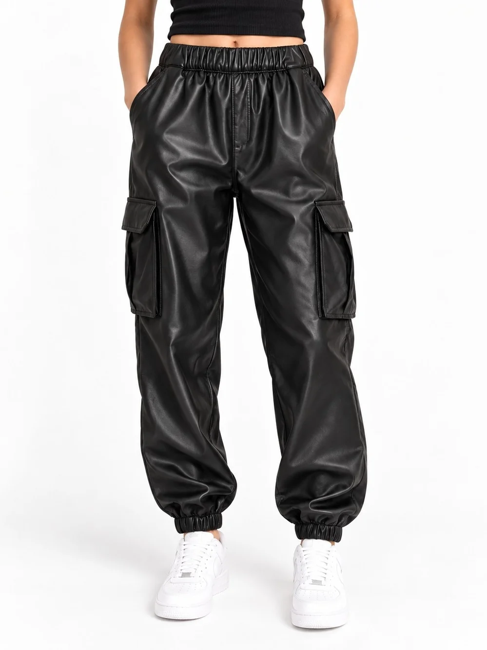GAP Black Faux Leather Cargo Jogger Pants Medium NWOT Girls